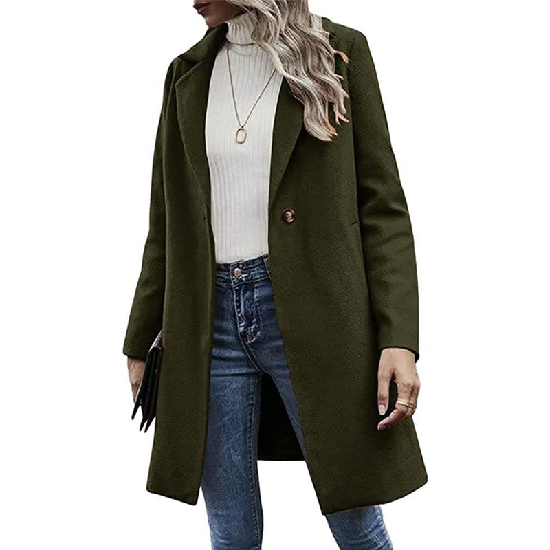 Solid Color Pocket Long Sleeve Woolen Coat