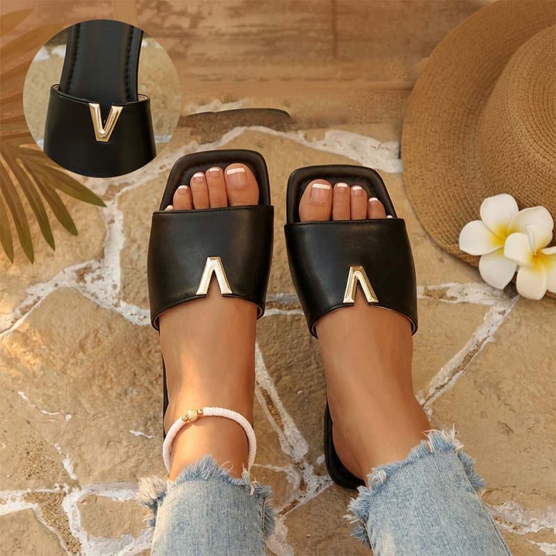 Metal Accent Flat Slide Sandals