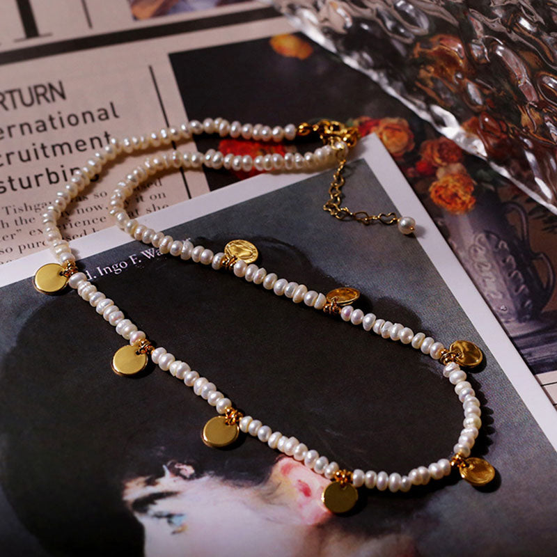 Coin Beaded Gold Rice Pearl Necklace
