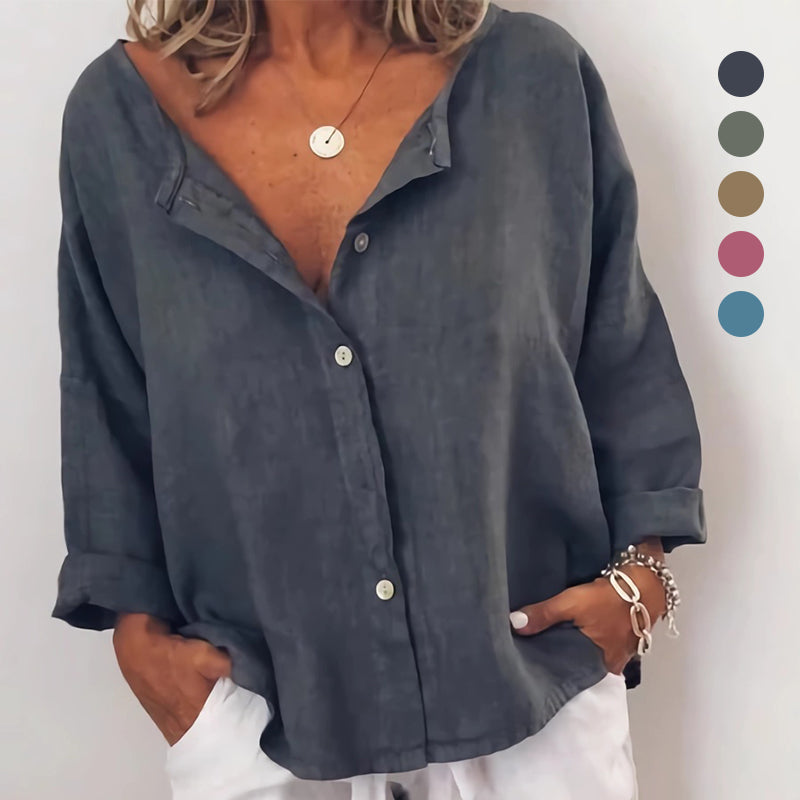 Plain Button Casual V-Neck Shirt