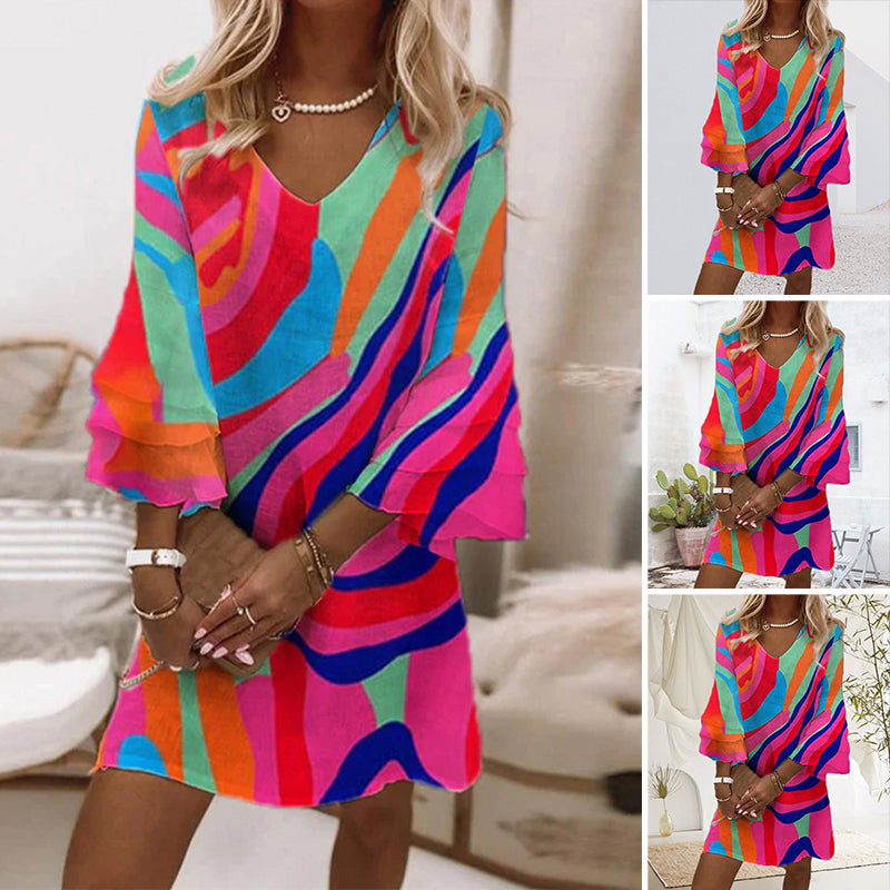 Multicolor Print Dress with Bells