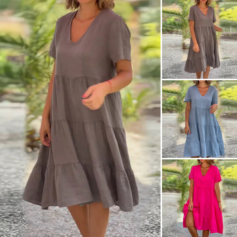 Plain Dress in Cotton Linen with V-neck