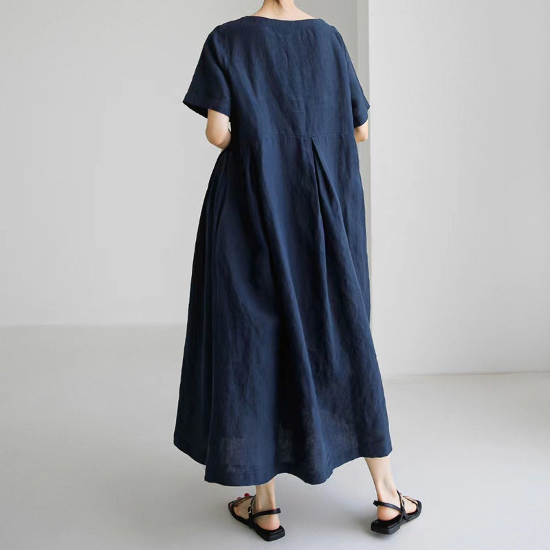 Cotton Linen Round Neck Solid Color Dress