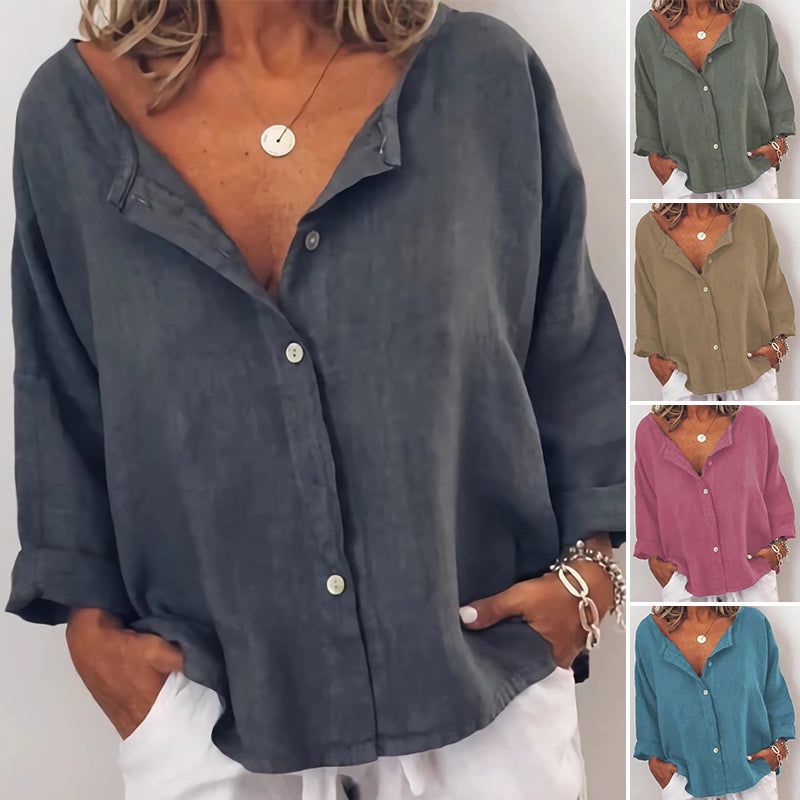 Plain Button Casual V-Neck Shirt