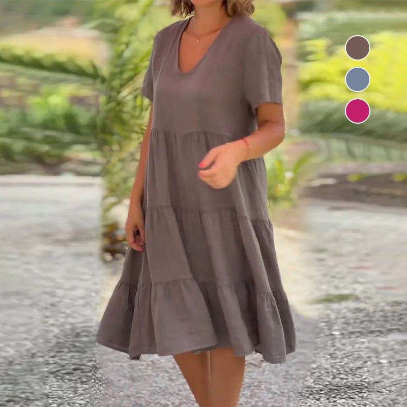Plain Dress in Cotton Linen with V-neck