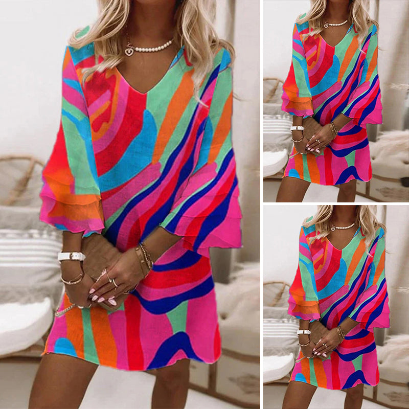 Multicolor Print Dress with Bells