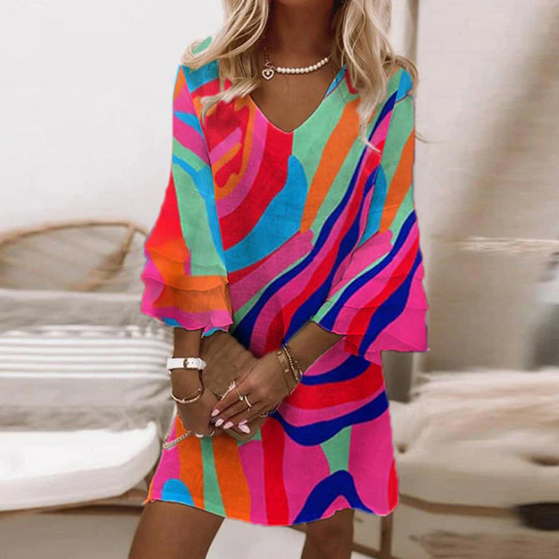 Multicolor Print Dress with Bells
