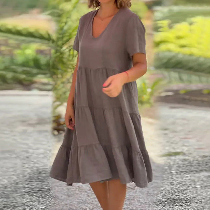 Plain Dress in Cotton Linen with V-neck