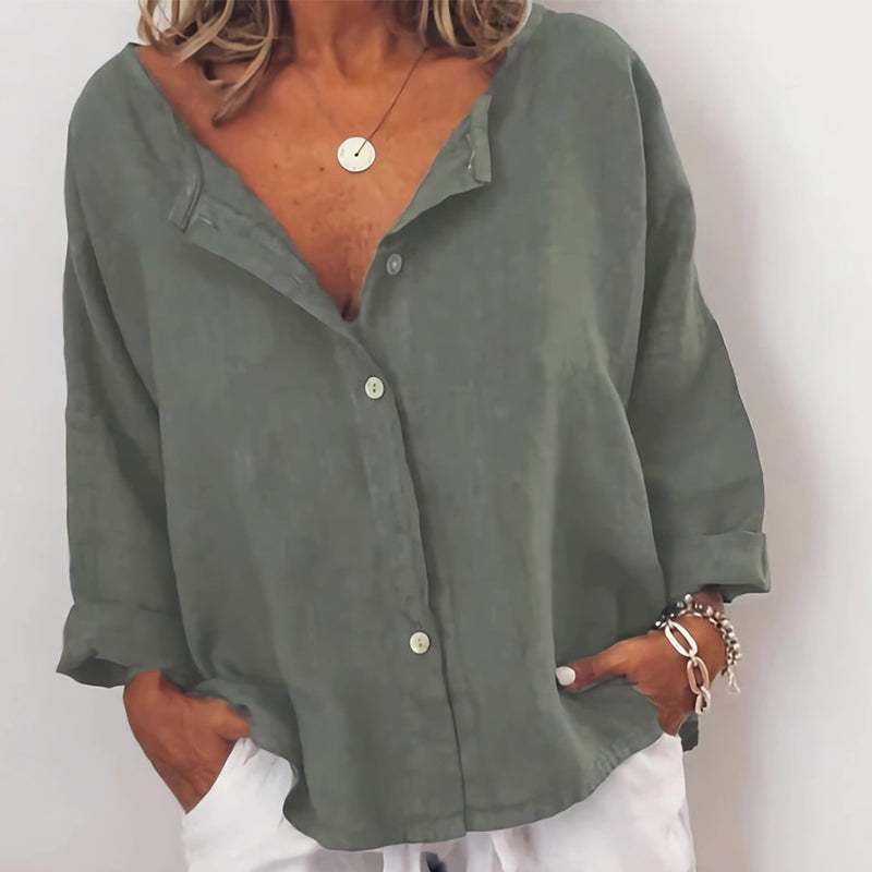 Plain Button Casual V-Neck Shirt