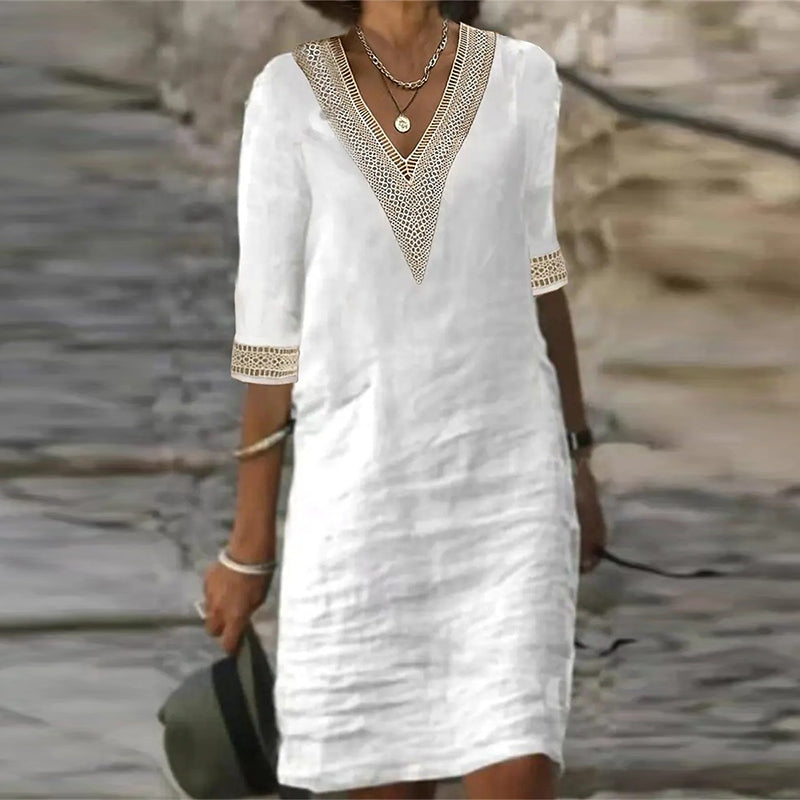 Middle Sleeve V Neck Cotton Linen Dress