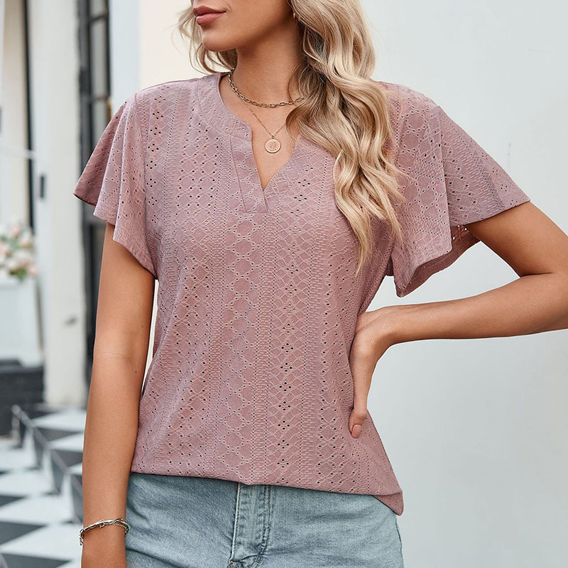 Lotus Leaf Sleeve V-neck Hollow Casual T-shirt