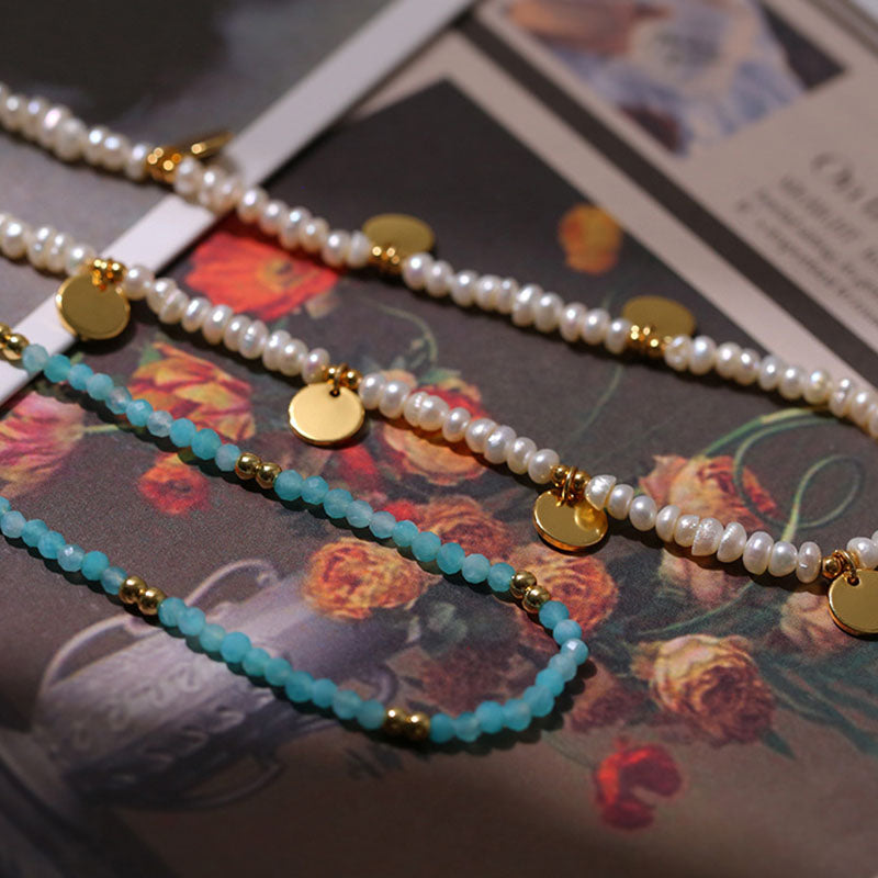 Coin Beaded Gold Rice Pearl Necklace