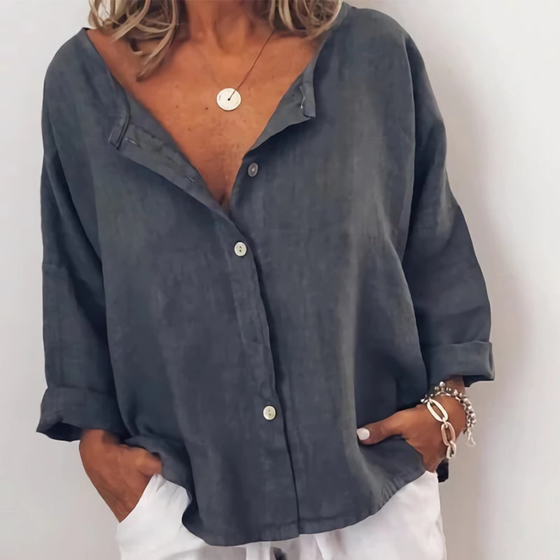 Plain Button Casual V-Neck Shirt