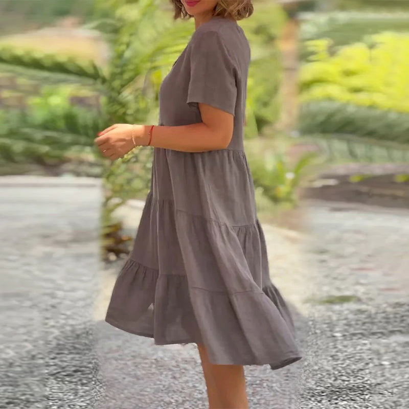 Plain Dress in Cotton Linen with V-neck