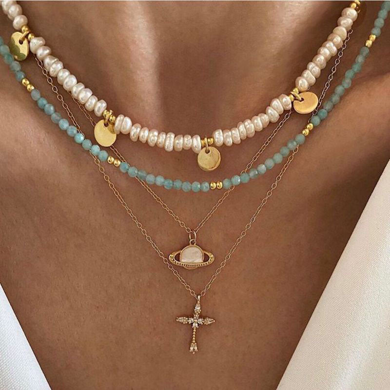 Coin Beaded Gold Rice Pearl Necklace