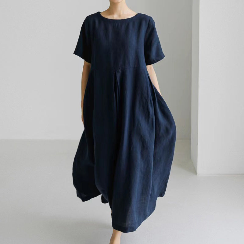 Cotton Linen Round Neck Solid Color Dress