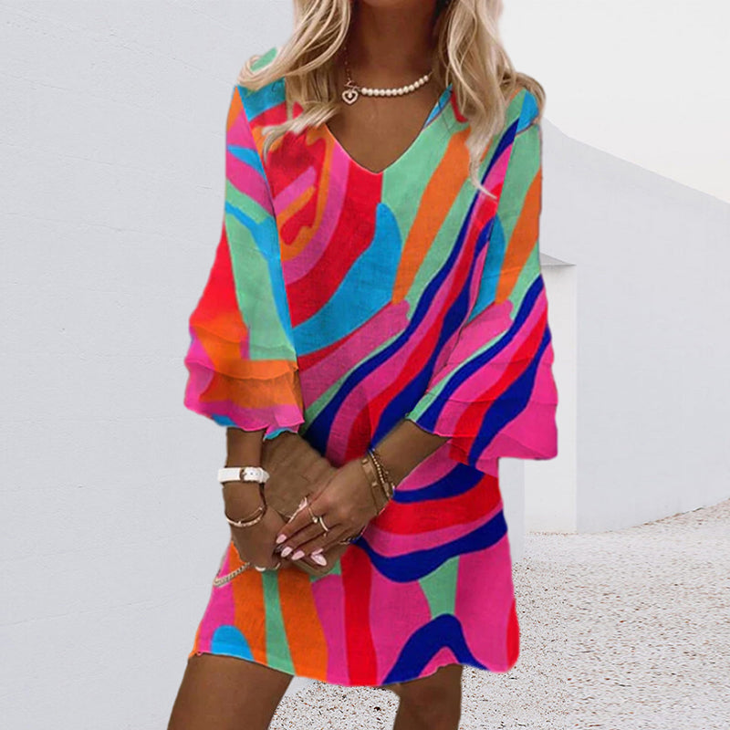 Multicolor Print Dress with Bells