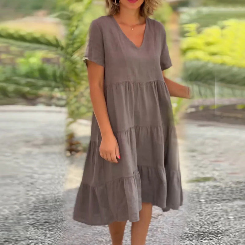 Plain Dress in Cotton Linen with V-neck