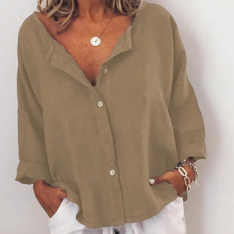 Plain Button Casual V-Neck Shirt