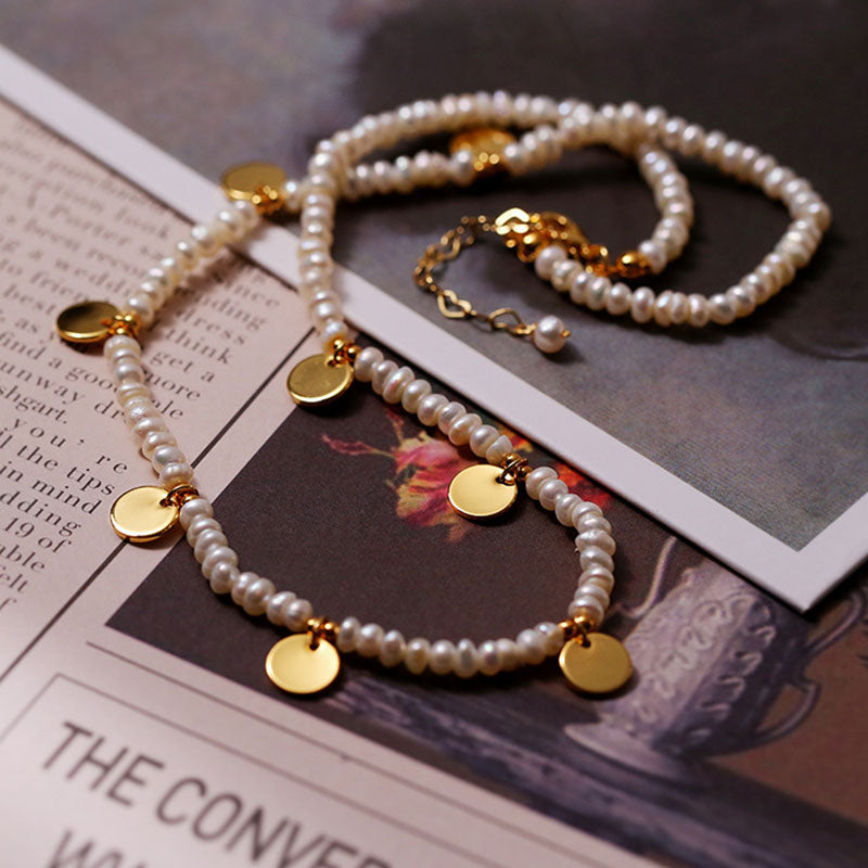 Coin Beaded Gold Rice Pearl Necklace