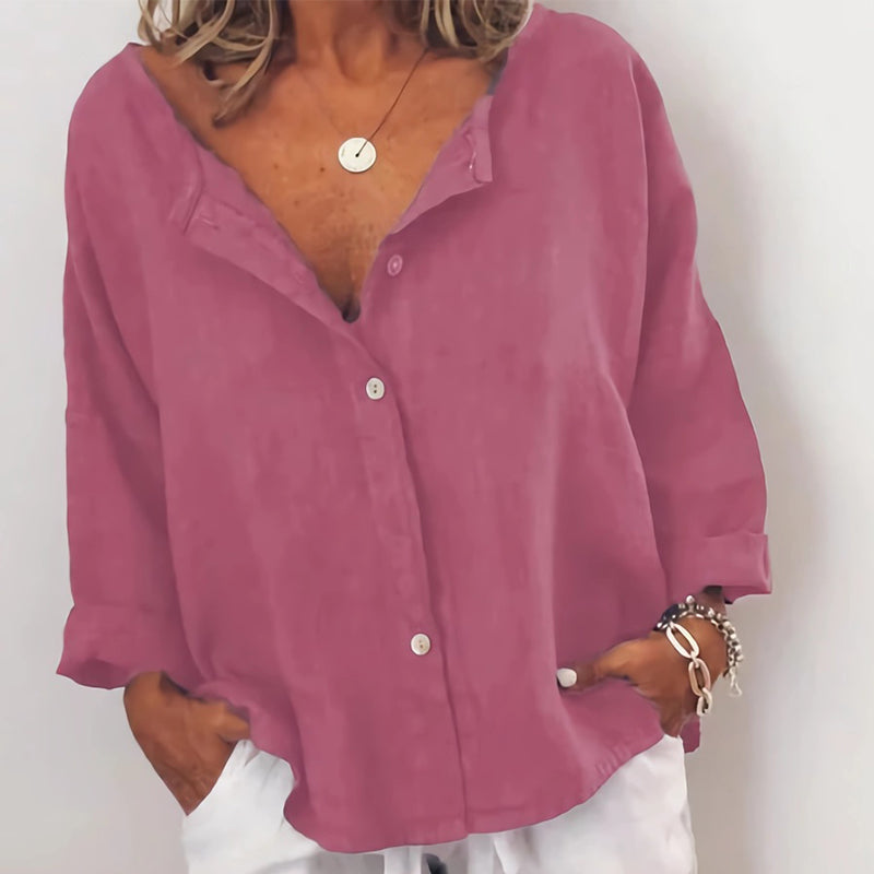 Plain Button Casual V-Neck Shirt