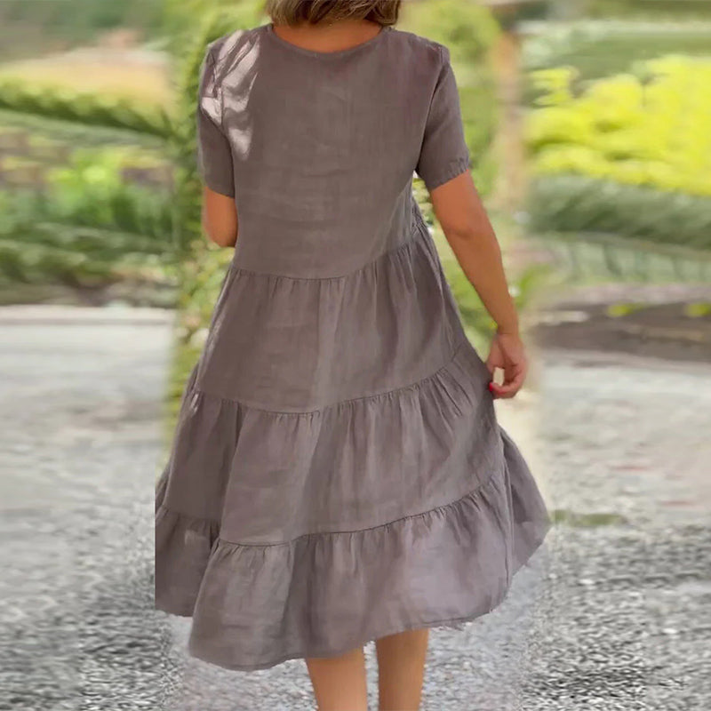 Plain Dress in Cotton Linen with V-neck