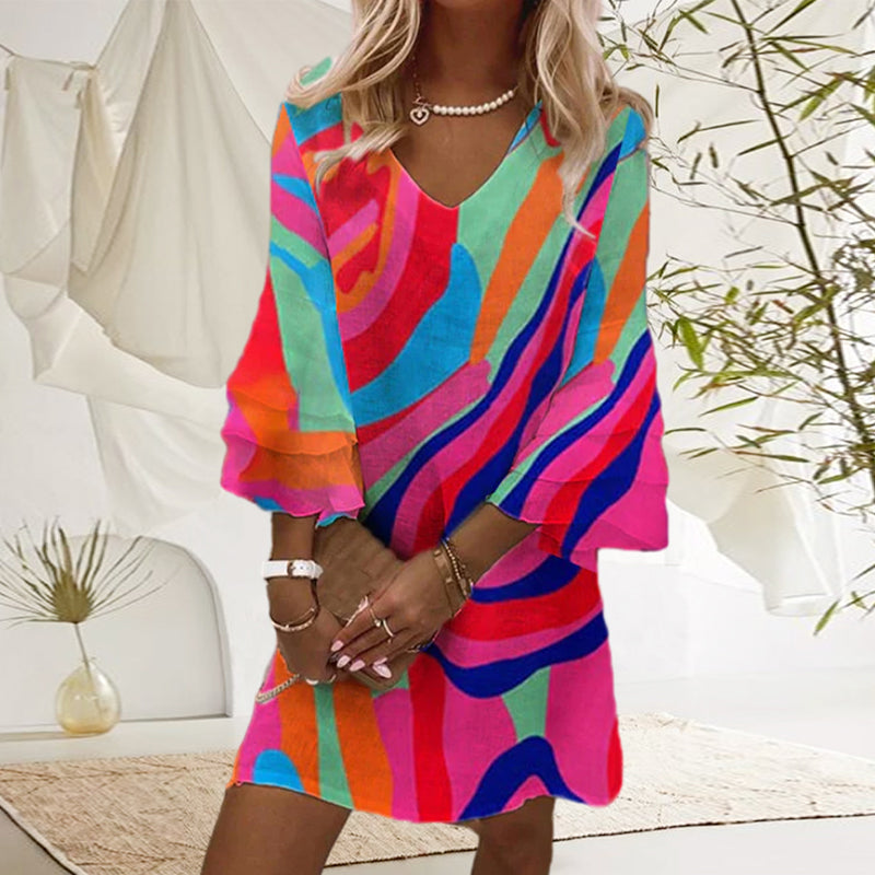 Multicolor Print Dress with Bells