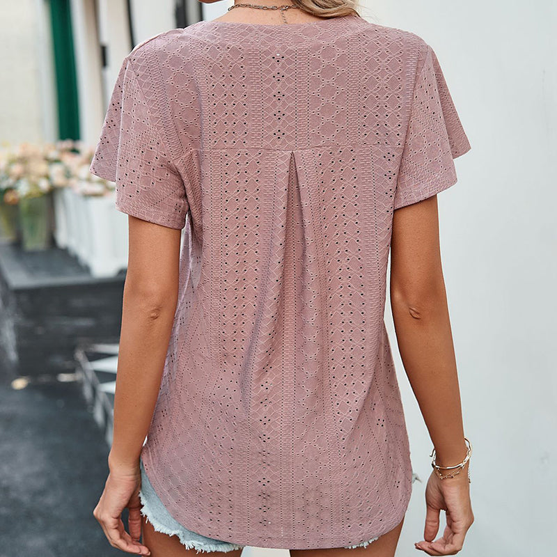 Lotus Leaf Sleeve V-neck Hollow Casual T-shirt