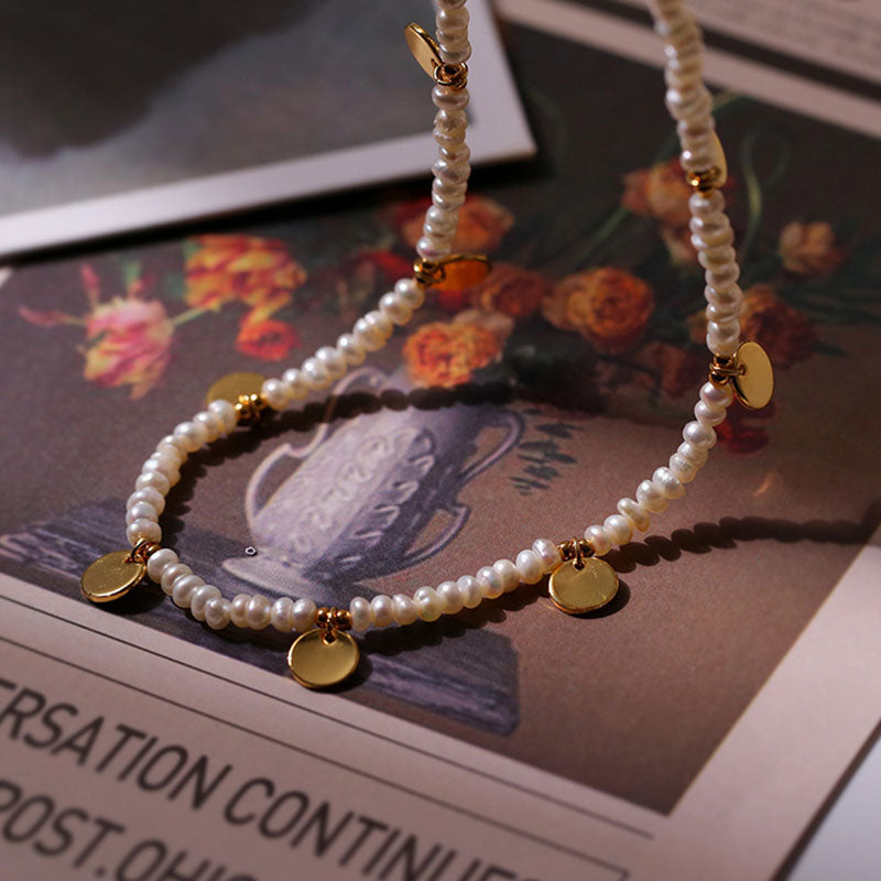 Coin Beaded Gold Rice Pearl Necklace