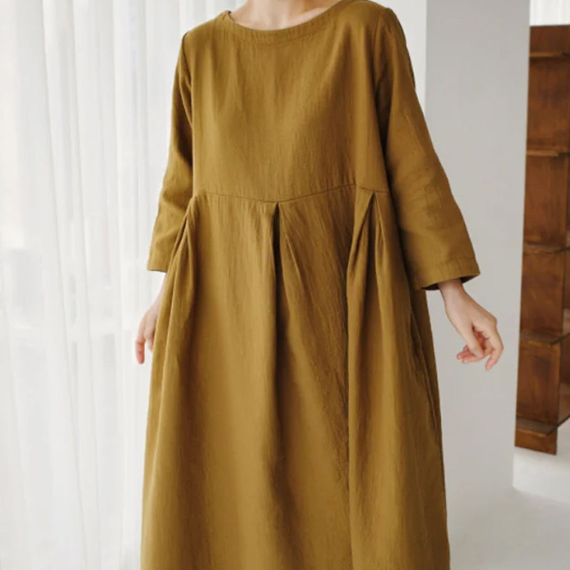 Cotton Linen Round Neck Solid Color Dress