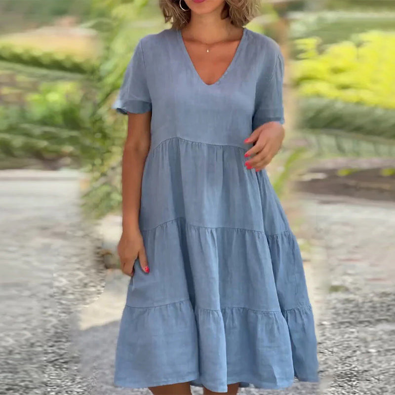 Plain Dress in Cotton Linen with V-neck