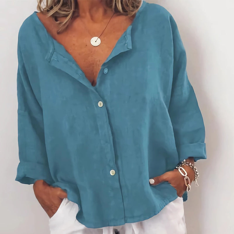 Plain Button Casual V-Neck Shirt