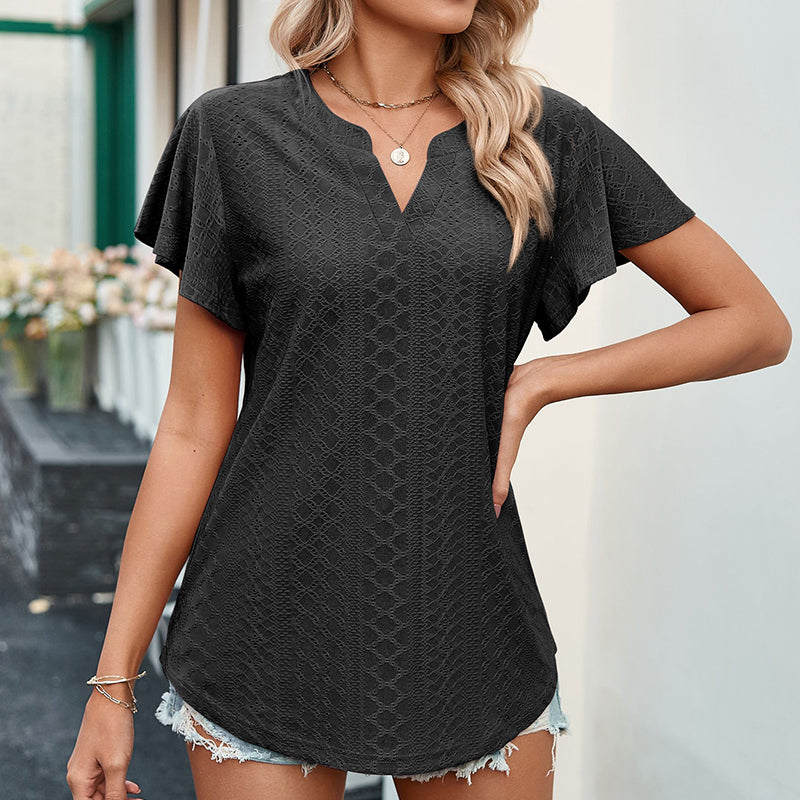 Lotus Leaf Sleeve V-neck Hollow Casual T-shirt