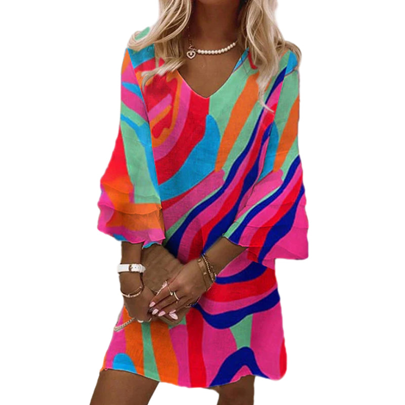 Multicolor Print Dress with Bells
