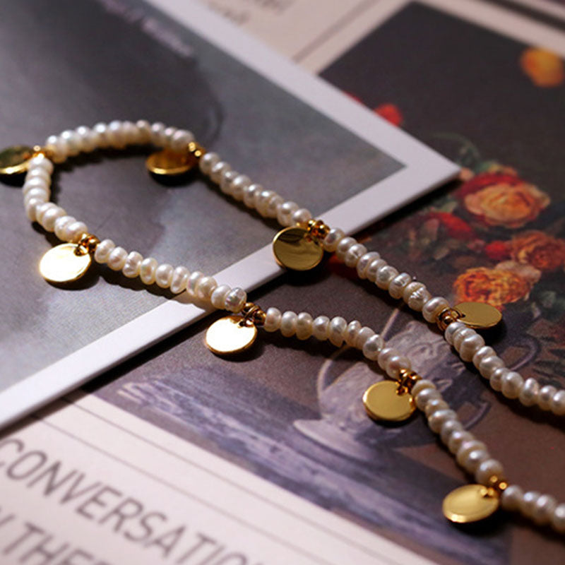 Coin Beaded Gold Rice Pearl Necklace