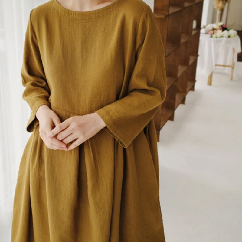 Cotton Linen Round Neck Solid Color Dress