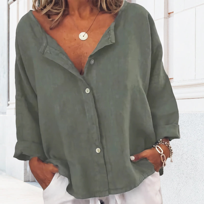 Plain Button Casual V-Neck Shirt