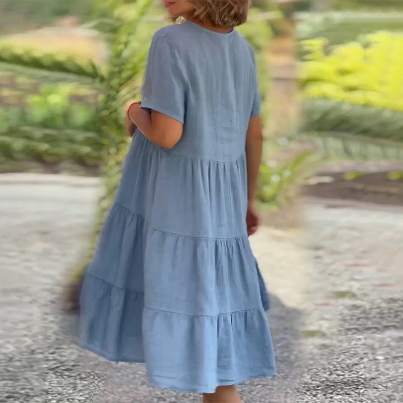 Plain Dress in Cotton Linen with V-neck