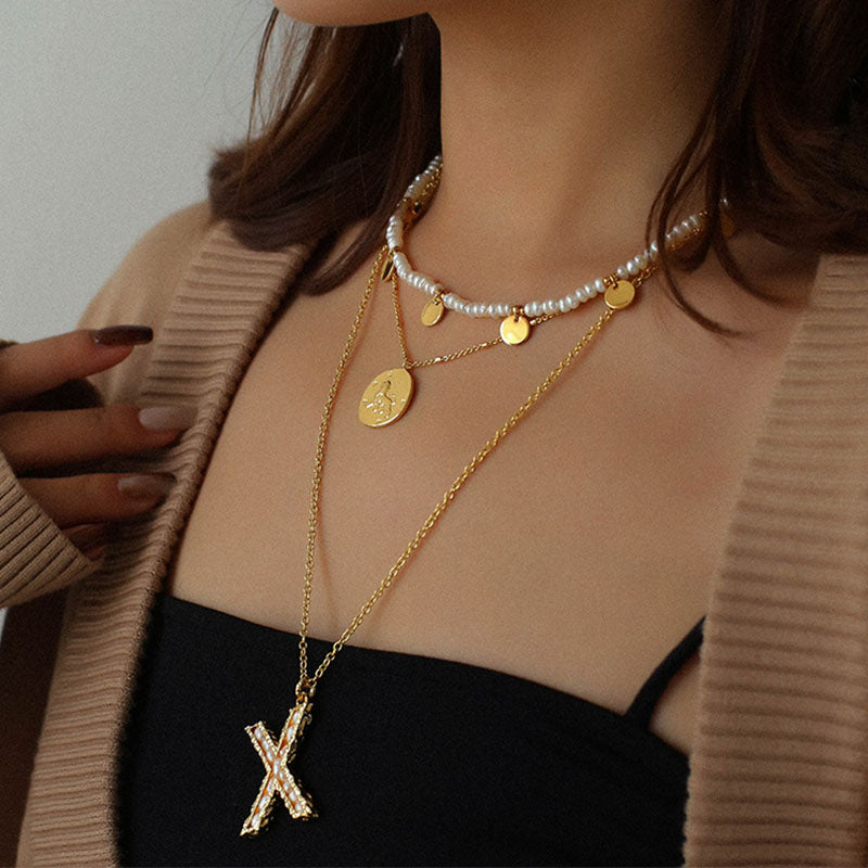 Coin Beaded Gold Rice Pearl Necklace