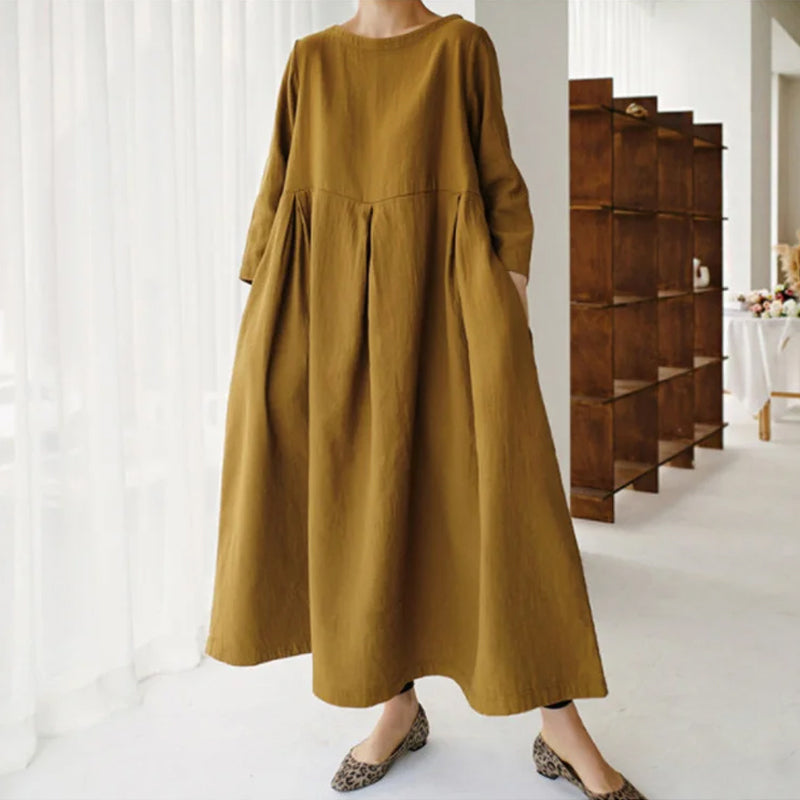 Cotton Linen Round Neck Solid Color Dress