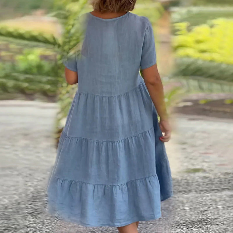 Plain Dress in Cotton Linen with V-neck