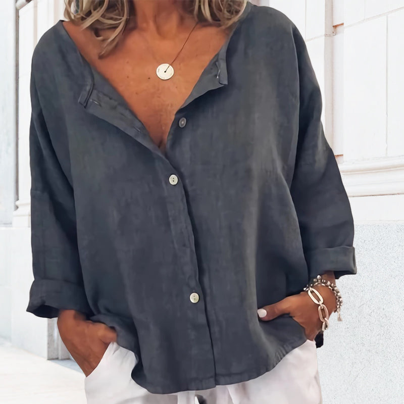 Plain Button Casual V-Neck Shirt