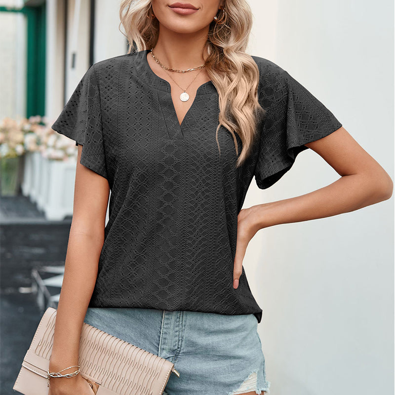 Lotus Leaf Sleeve V-neck Hollow Casual T-shirt