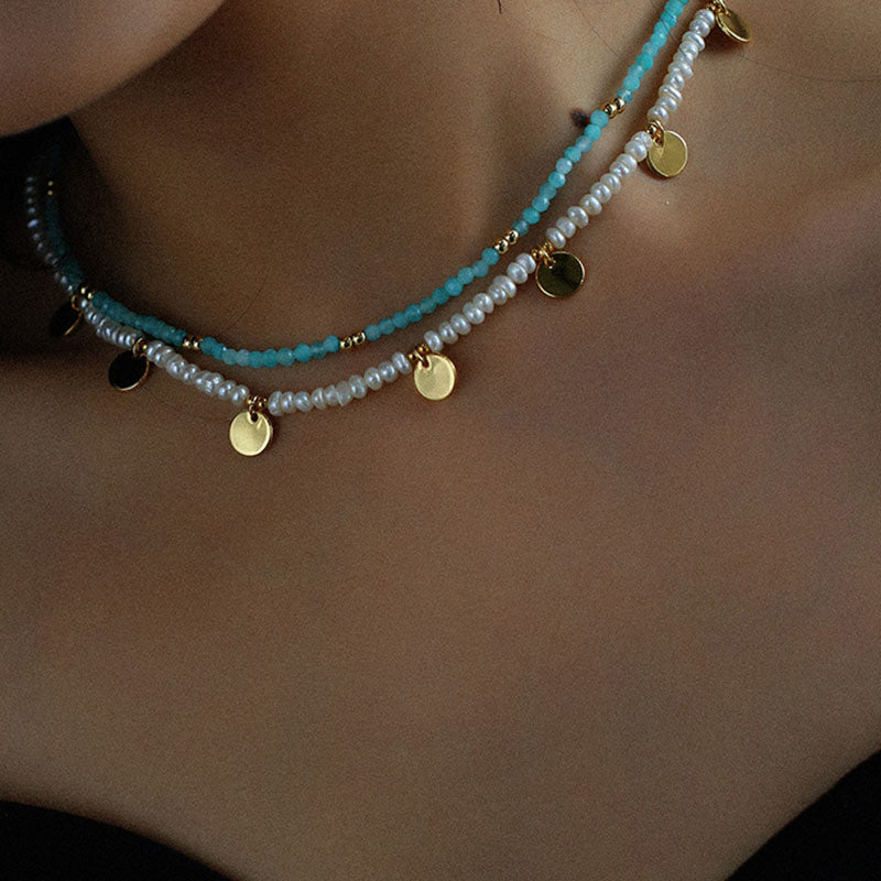 Coin Beaded Gold Rice Pearl Necklace