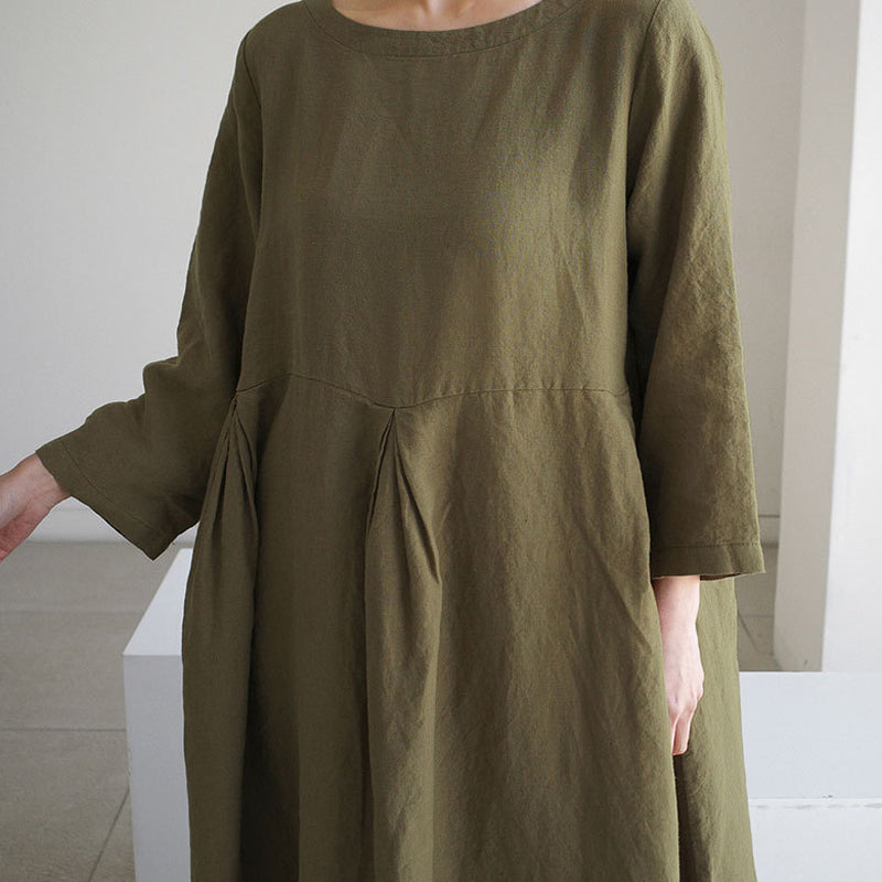 Cotton Linen Round Neck Solid Color Dress