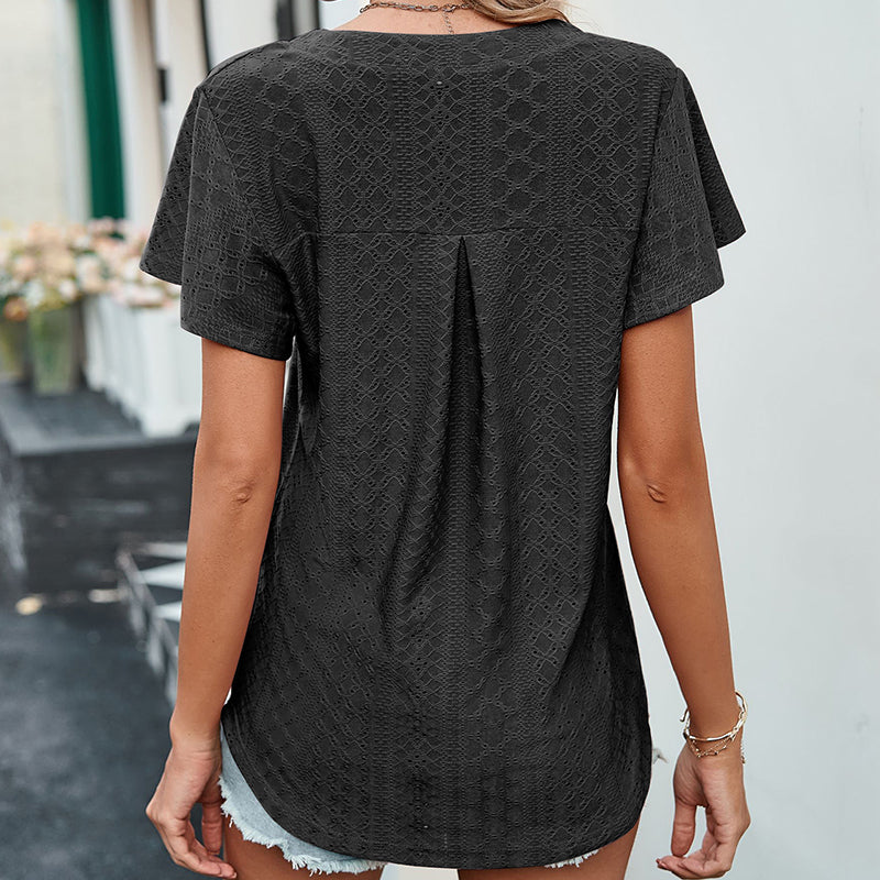 Lotus Leaf Sleeve V-neck Hollow Casual T-shirt