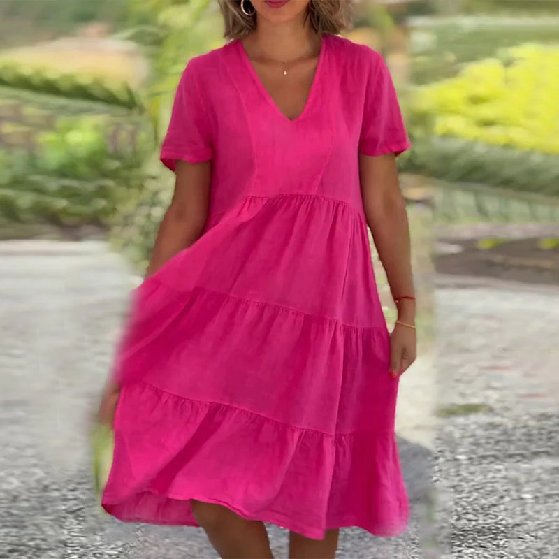 Plain Dress in Cotton Linen with V-neck