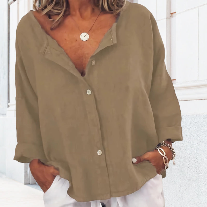 Plain Button Casual V-Neck Shirt