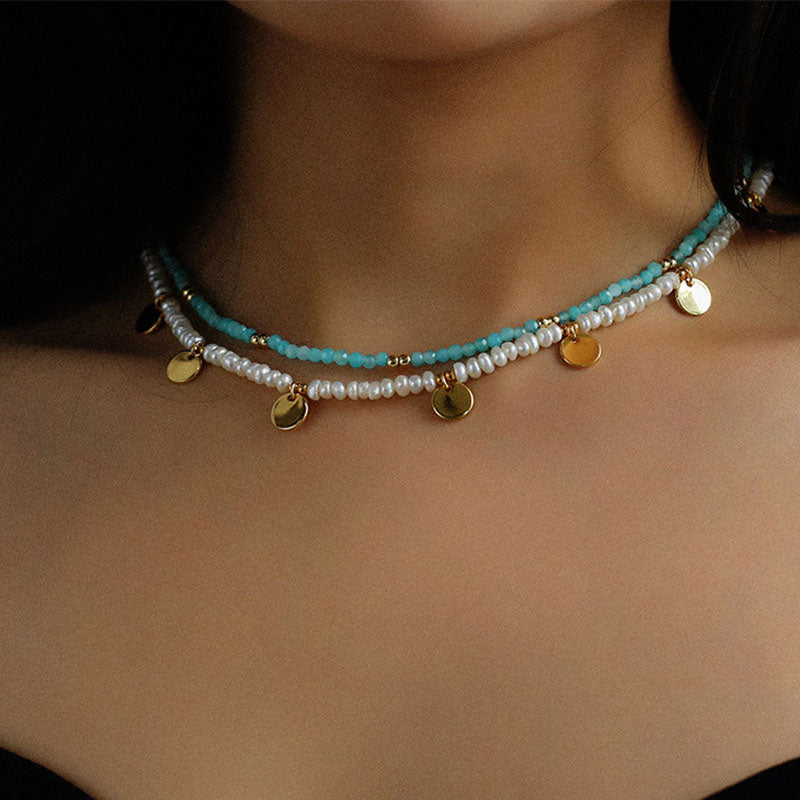 Coin Beaded Gold Rice Pearl Necklace