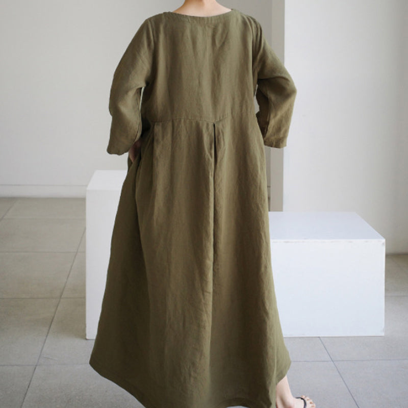 Cotton Linen Round Neck Solid Color Dress